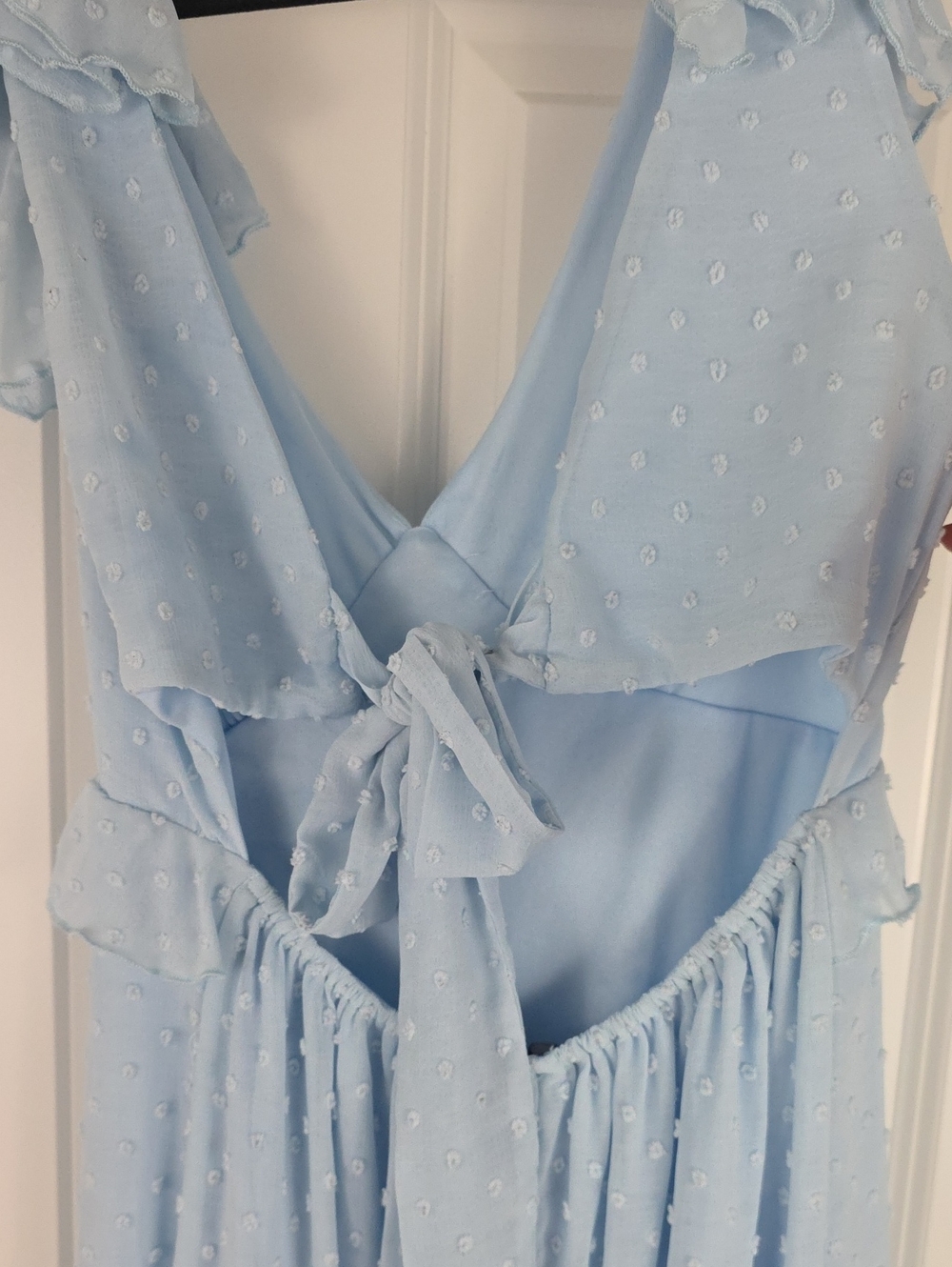 Trixxi Baby doll Powder Blue Swiss Dot Ruffle Open Back Midi Dress. Size Large. - Picture 6 of 10